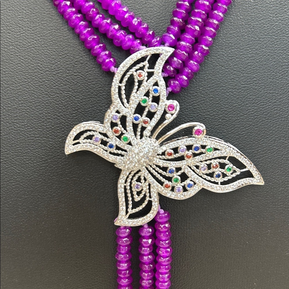 Elegant Purple Gemstone or Crystal Necklace with Silver Butterfly Pendant - Picture 4 of 7